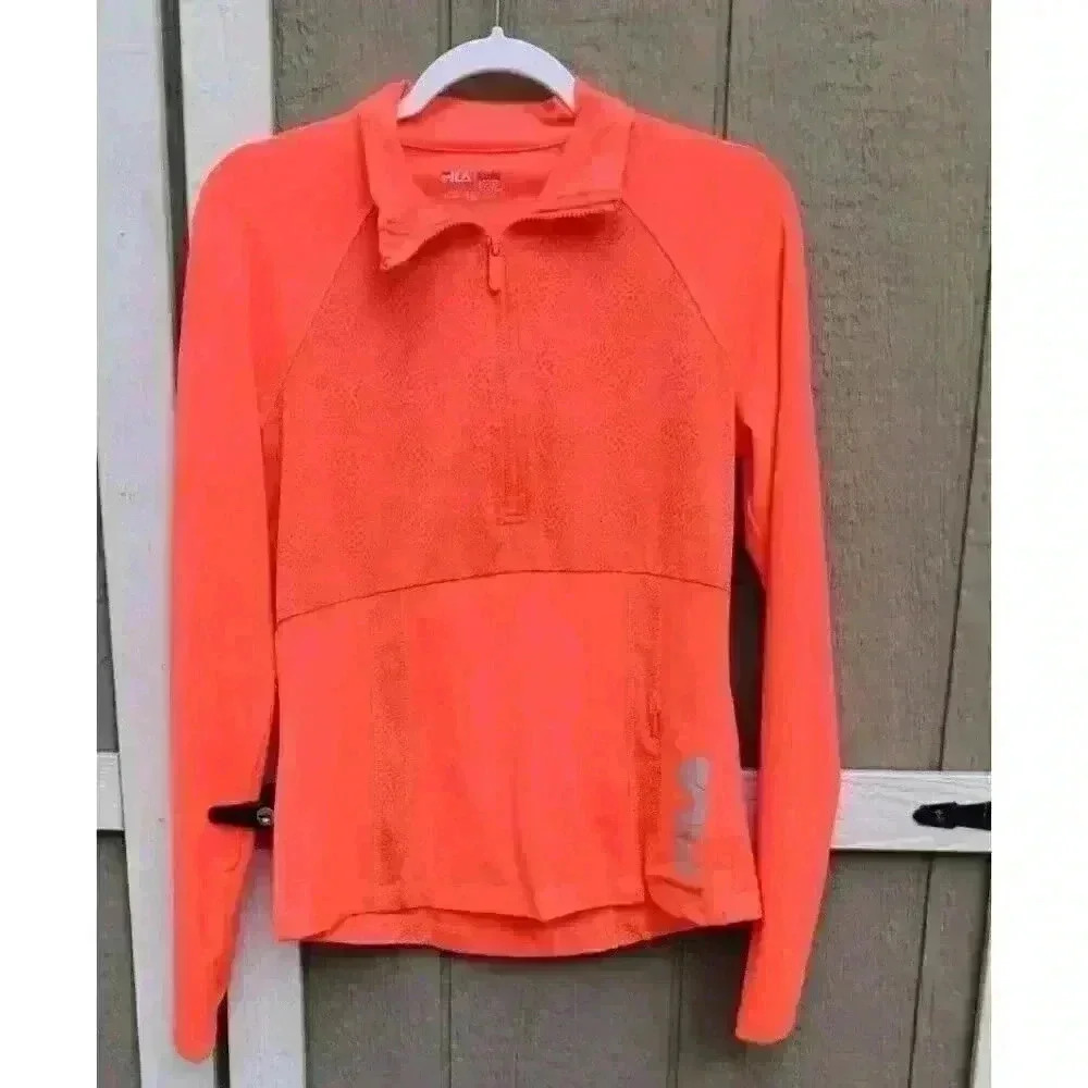 FILA Sport Shirt Running Long Sleeve Orange Size S 1/4 Zip Thumb Holes‎
